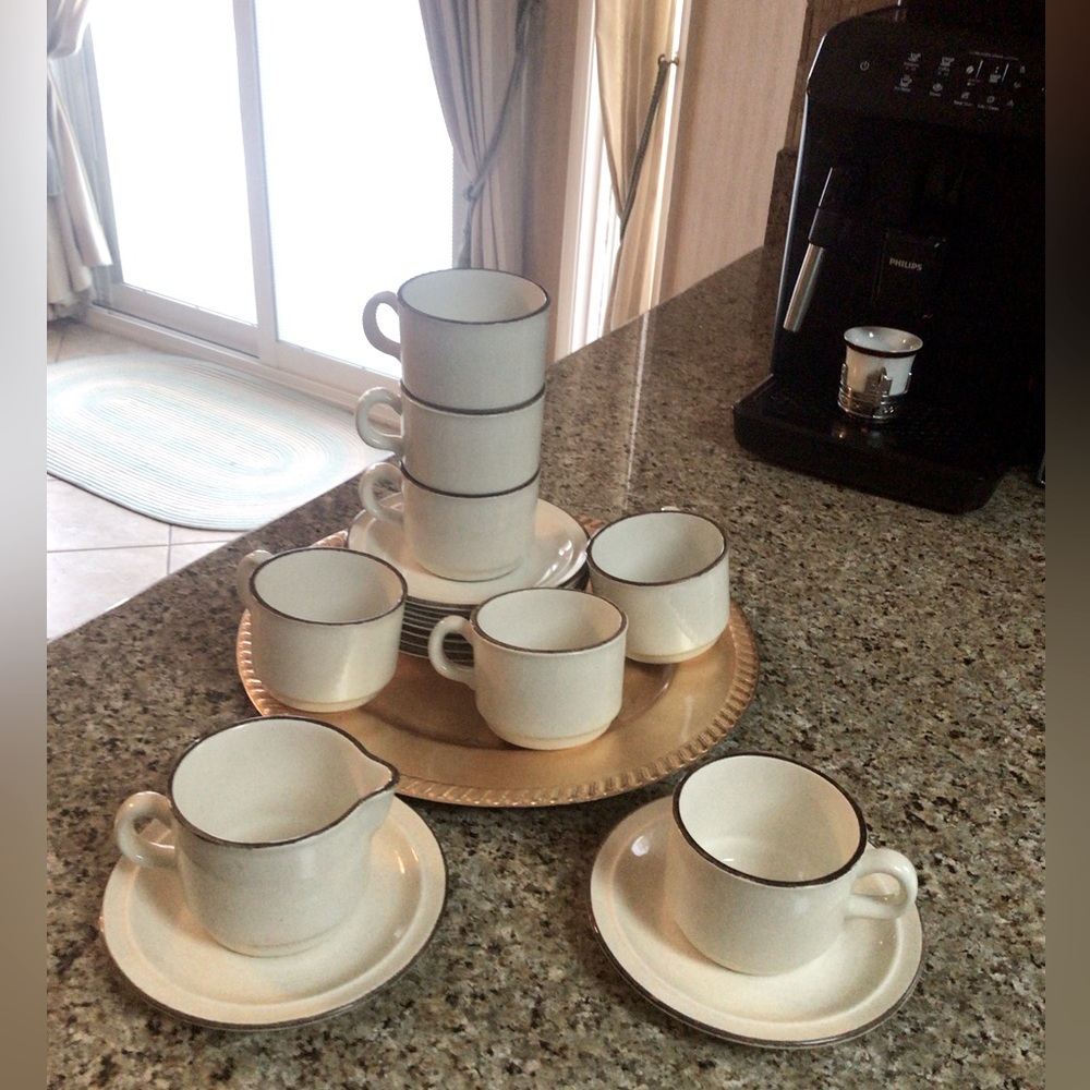 Vintage forme-style cream brown trim stoneware creamer set of 8 Cups and Saucers